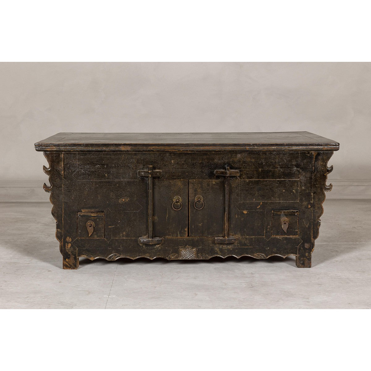 Low Kang Carved Sideboard with Brown Distressed Finish and Two Small Doors-3. Asian &amp; Chinese Furniture, Art, Antiques, Vintage Home Décor for sale at FEA Home
