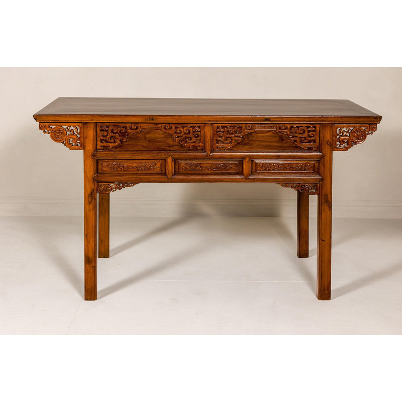 Richly Carved Console Table with Two Drawers, Scrolling Clouds and Flowers-YN7981-11. Asian & Chinese Furniture, Art, Antiques, Vintage Home Décor for sale at FEA Home