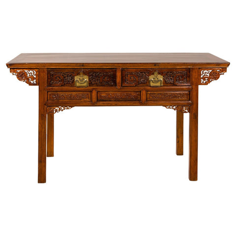 Richly Carved Console Table with Two Drawers, Scrolling Clouds and Flowers-YN7981-14. Asian & Chinese Furniture, Art, Antiques, Vintage Home Décor for sale at FEA Home