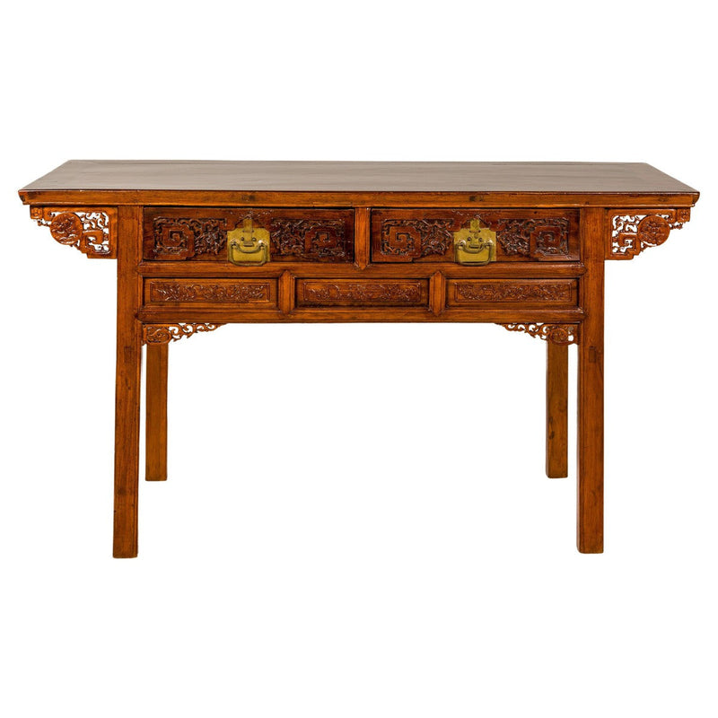 Richly Carved Console Table with Two Drawers, Scrolling Clouds and Flowers-YN7981-1. Asian & Chinese Furniture, Art, Antiques, Vintage Home Décor for sale at FEA Home