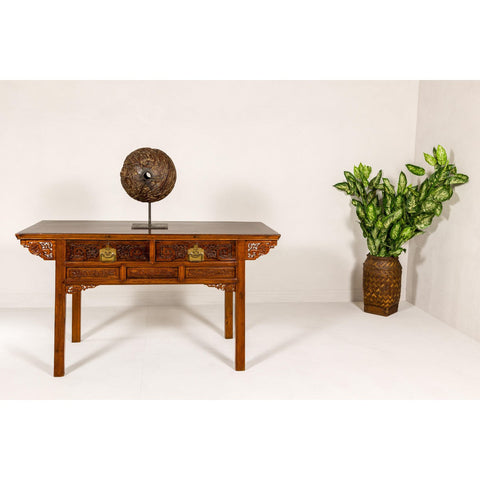 Richly Carved Console Table with Two Drawers, Scrolling Clouds and Flowers-YN7981-2. Asian & Chinese Furniture, Art, Antiques, Vintage Home Décor for sale at FEA Home
