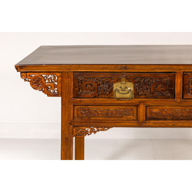 Richly Carved Console Table with Two Drawers, Scrolling Clouds and Flowers-YN7981-3. Asian & Chinese Furniture, Art, Antiques, Vintage Home Décor for sale at FEA Home