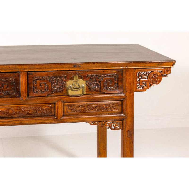 Richly Carved Console Table with Two Drawers, Scrolling Clouds and Flowers-YN7981-4. Asian & Chinese Furniture, Art, Antiques, Vintage Home Décor for sale at FEA Home