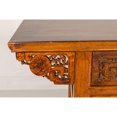 Richly Carved Console Table with Two Drawers, Scrolling Clouds and Flowers-YN7981-5. Asian & Chinese Furniture, Art, Antiques, Vintage Home Décor for sale at FEA Home