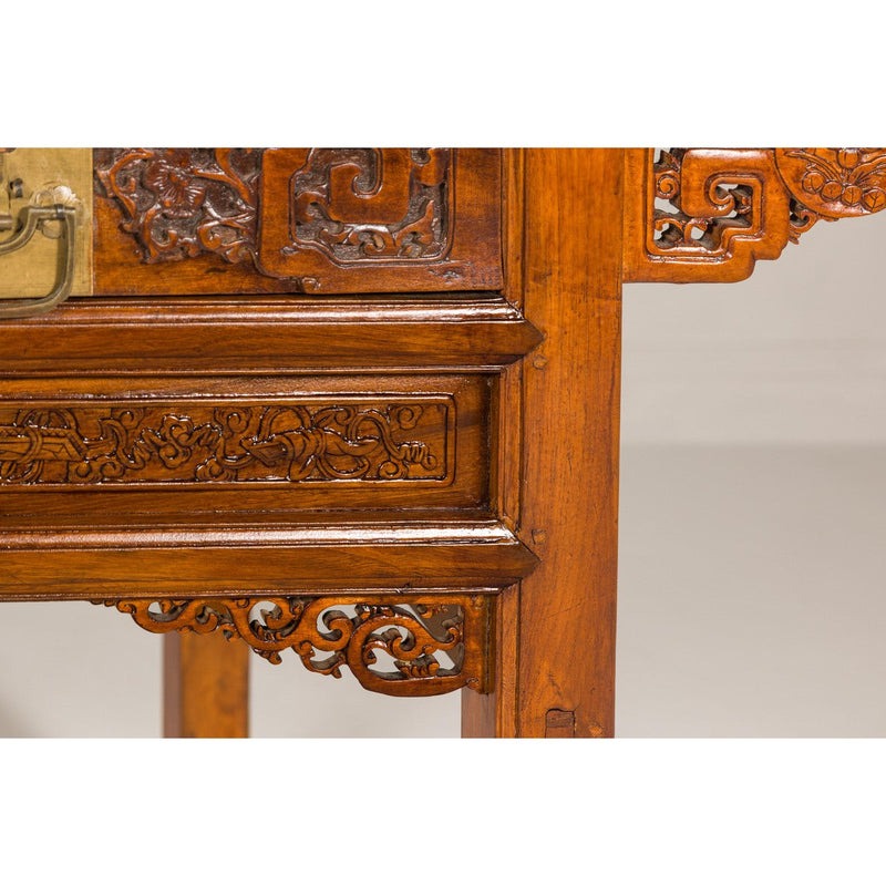 Richly Carved Console Table with Two Drawers, Scrolling Clouds and Flowers-YN7981-7. Asian & Chinese Furniture, Art, Antiques, Vintage Home Décor for sale at FEA Home