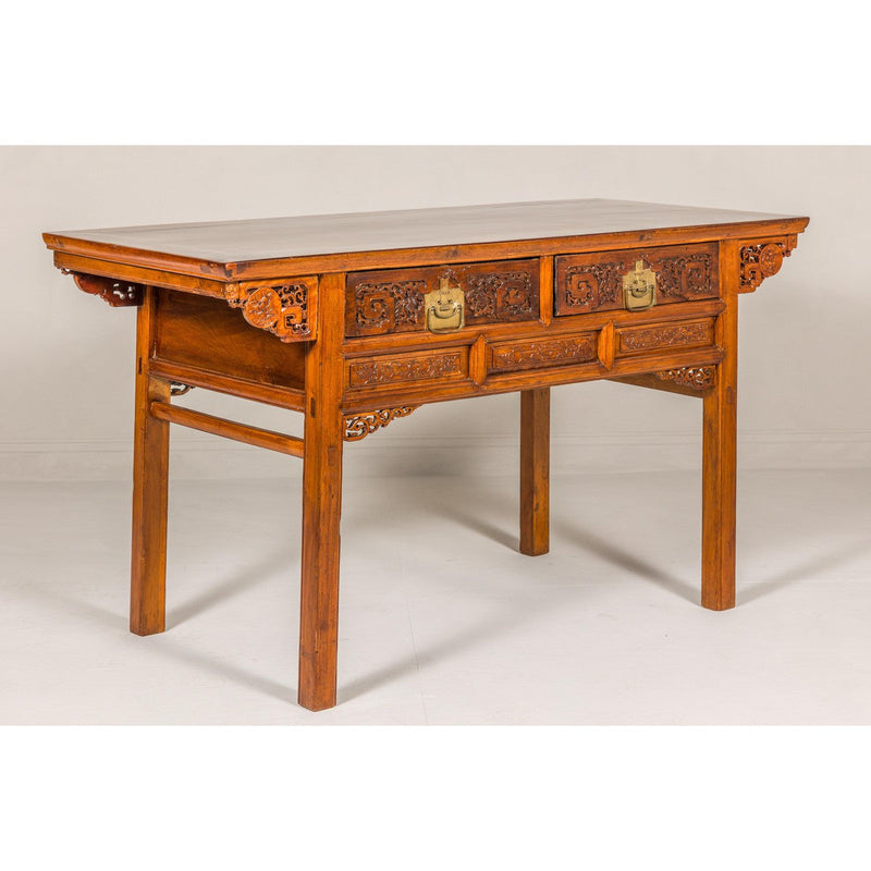 Richly Carved Console Table with Two Drawers, Scrolling Clouds and Flowers-YN7981-8. Asian & Chinese Furniture, Art, Antiques, Vintage Home Décor for sale at FEA Home