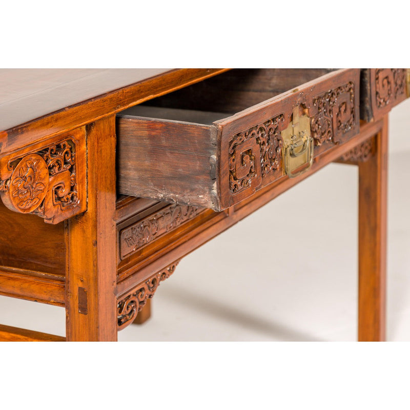 Richly Carved Console Table with Two Drawers, Scrolling Clouds and Flowers-YN7981-9. Asian & Chinese Furniture, Art, Antiques, Vintage Home Décor for sale at FEA Home