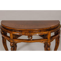 19th Century Wooden Demilune Table with Carved Mythical Creatures