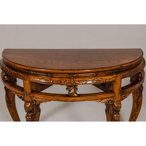 19th Century Wooden Demilune Table with Carved Mythical Creatures-YN7982-11. Asian & Chinese Furniture, Art, Antiques, Vintage Home Décor for sale at FEA Home