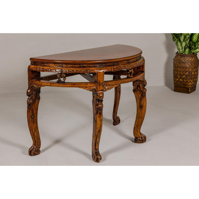 19th Century Wooden Demilune Table with Carved Mythical Creatures-YN7982-12. Asian & Chinese Furniture, Art, Antiques, Vintage Home Décor for sale at FEA Home