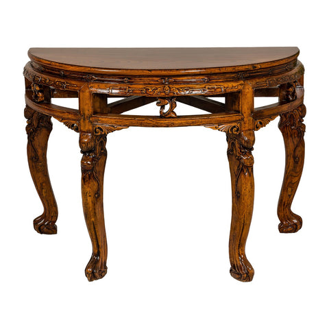 19th Century Wooden Demilune Table with Carved Mythical Creatures-YN7982-17. Asian & Chinese Furniture, Art, Antiques, Vintage Home Décor for sale at FEA Home