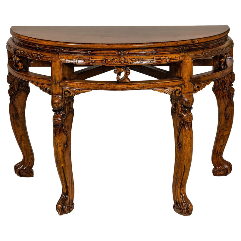 19th Century Wooden Demilune Table with Carved Mythical Creatures-YN7982-1. Asian & Chinese Furniture, Art, Antiques, Vintage Home Décor for sale at FEA Home