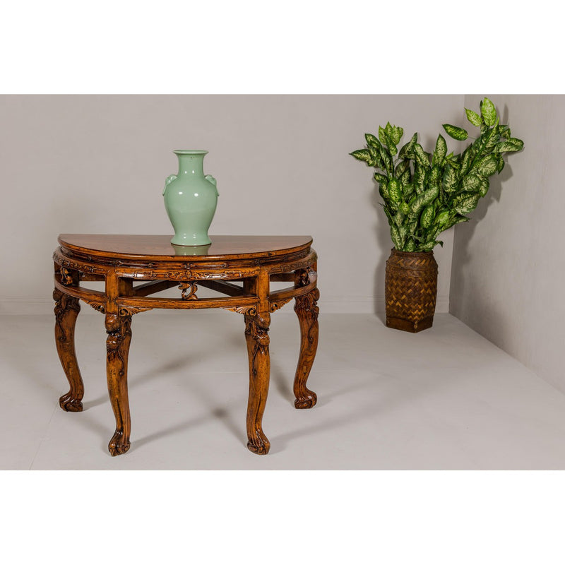 19th Century Wooden Demilune Table with Carved Mythical Creatures-YN7982-2. Asian & Chinese Furniture, Art, Antiques, Vintage Home Décor for sale at FEA Home