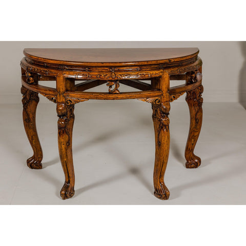 19th Century Wooden Demilune Table with Carved Mythical Creatures-YN7982-3. Asian & Chinese Furniture, Art, Antiques, Vintage Home Décor for sale at FEA Home