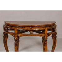 19th Century Wooden Demilune Table with Carved Mythical Creatures