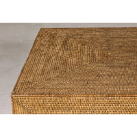 Country Style Midcentury Woven Rattan Light Brown Parsons Leg Coffee Table