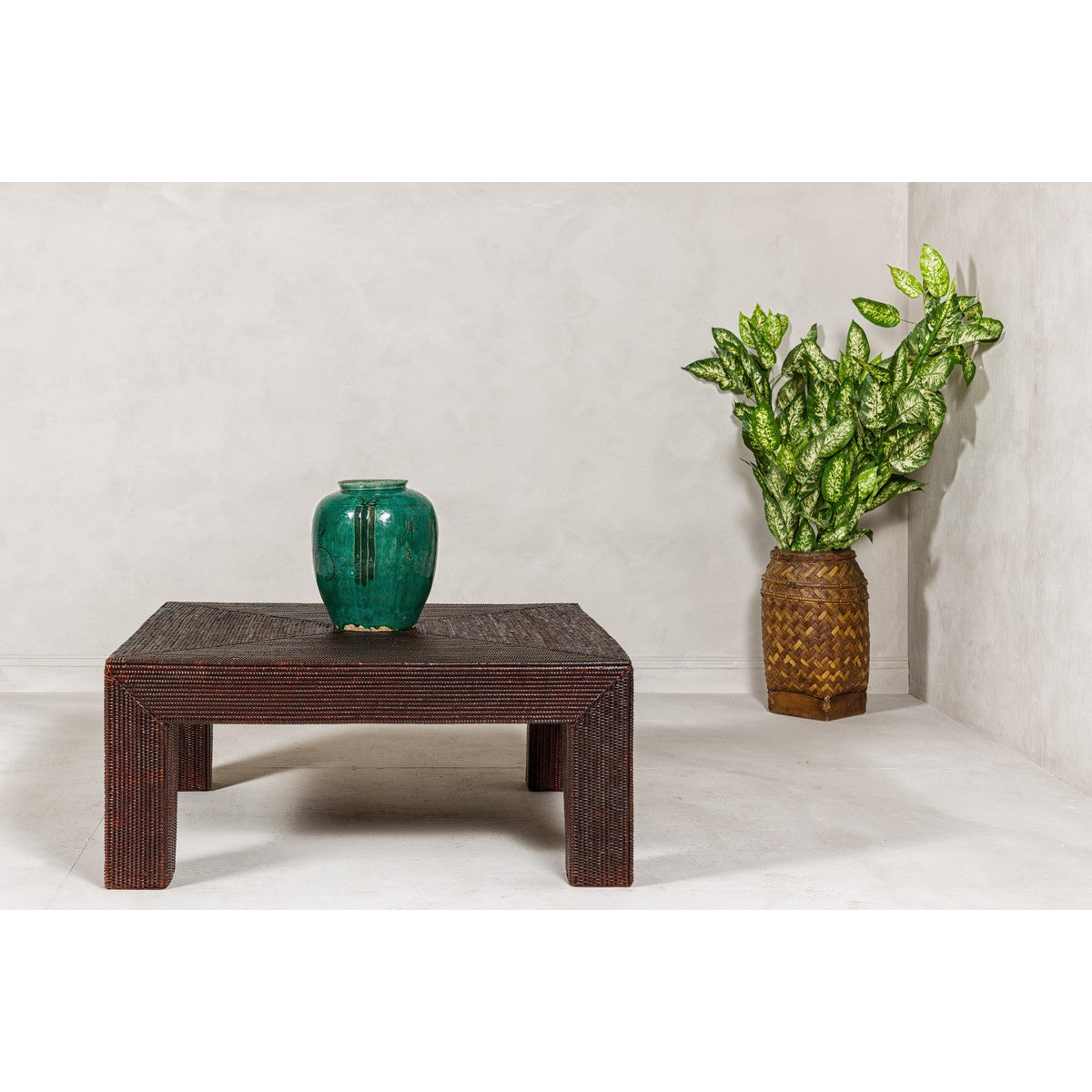 Midcentury Vintage Woven Rattan Dark Brown Parsons Leg Rattan Coffee Table-2. Asian & Chinese Furniture, Art, Antiques, Vintage Home Décor for sale at FEA Home