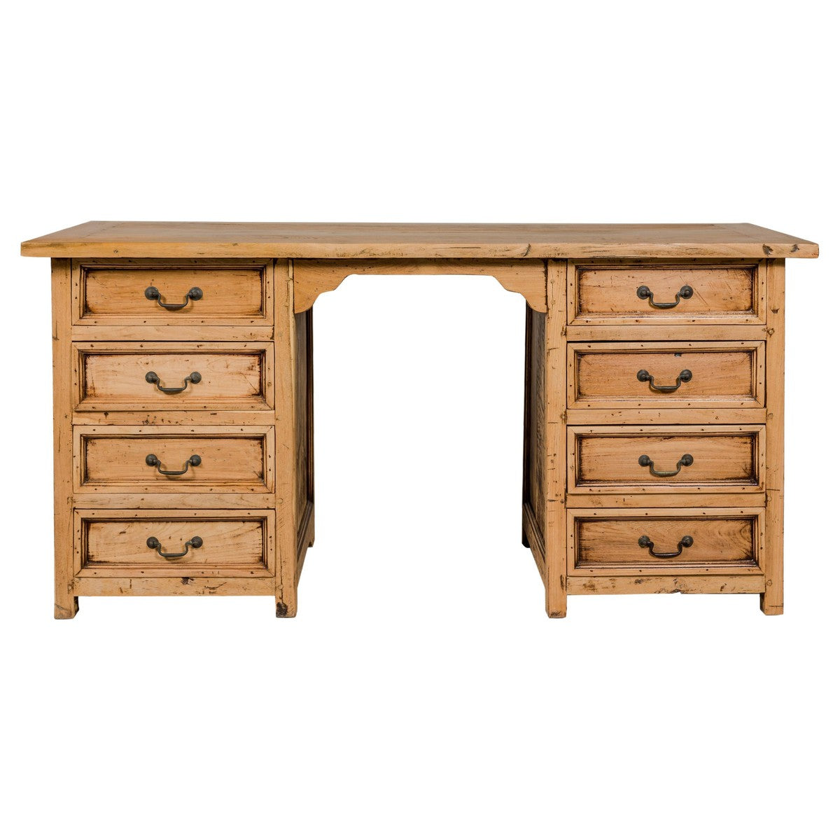 Teak Kneehole Desk with Eight Drawers and Custom Bleached Finish-1. Asian & Chinese Furniture, Art, Antiques, Vintage Home Décor for sale at FEA Home