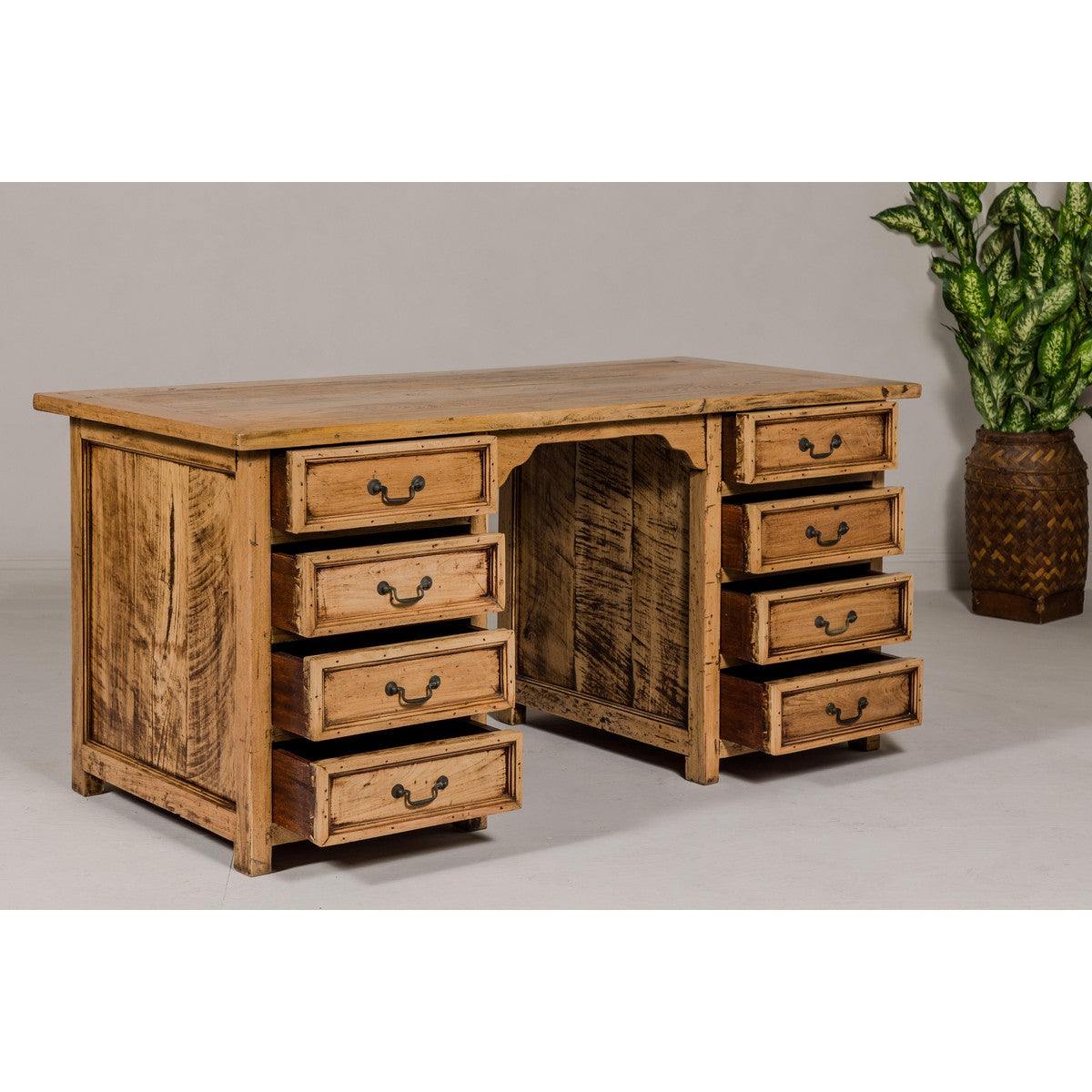 Teak Kneehole Desk with Eight Drawers and Custom Bleached Finish-3. Asian &amp; Chinese Furniture, Art, Antiques, Vintage Home Décor for sale at FEA Home