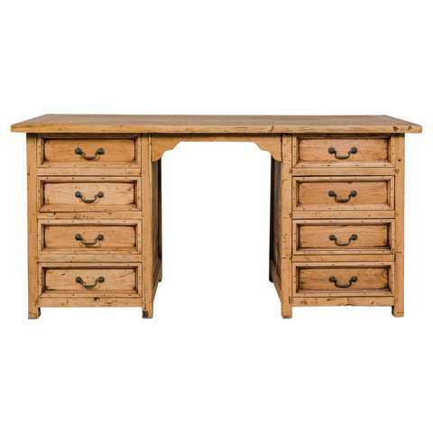 Teak Kneehole Desk with Eight Drawers and Custom Bleached Finish-YN7991-1. Asian & Chinese Furniture, Art, Antiques, Vintage Home Décor for sale at FEA Home