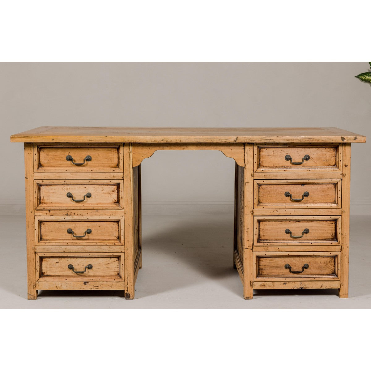 Teak Kneehole Desk with Eight Drawers and Custom Bleached Finish-5. Asian &amp; Chinese Furniture, Art, Antiques, Vintage Home Décor for sale at FEA Home