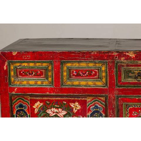 19th Century Mongolian Polychrome Sideboard with Doors, Drawers and Floral Décor-YN7993-10. Asian & Chinese Furniture, Art, Antiques, Vintage Home Décor for sale at FEA Home
