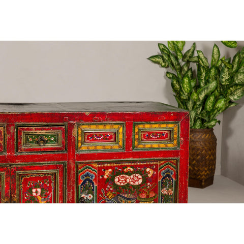 19th Century Mongolian Polychrome Sideboard with Doors, Drawers and Floral Décor-YN7993-11. Asian & Chinese Furniture, Art, Antiques, Vintage Home Décor for sale at FEA Home