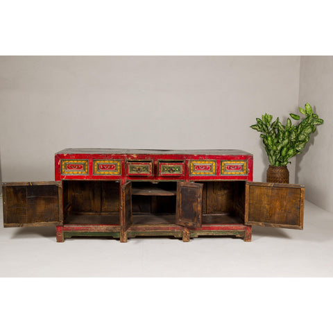 19th Century Mongolian Polychrome Sideboard with Doors, Drawers and Floral Décor-YN7993-12. Asian & Chinese Furniture, Art, Antiques, Vintage Home Décor for sale at FEA Home