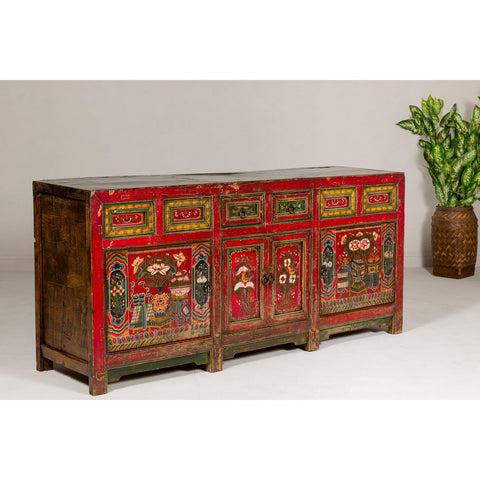 19th Century Mongolian Polychrome Sideboard with Doors, Drawers and Floral Décor-YN7993-13. Asian & Chinese Furniture, Art, Antiques, Vintage Home Décor for sale at FEA Home