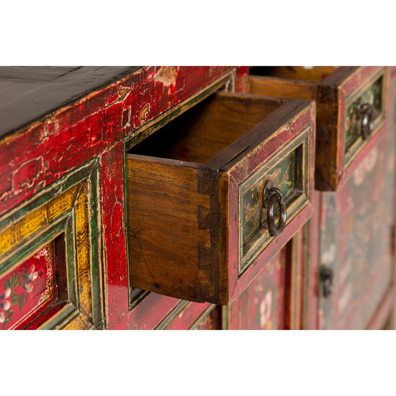 19th Century Mongolian Polychrome Sideboard with Doors, Drawers and Floral Décor-YN7993-14. Asian & Chinese Furniture, Art, Antiques, Vintage Home Décor for sale at FEA Home
