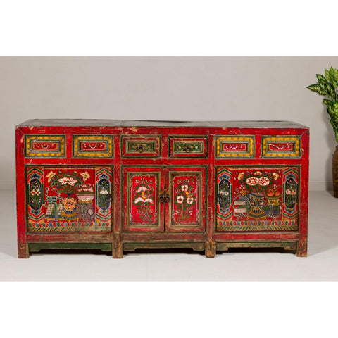 19th Century Mongolian Polychrome Sideboard with Doors, Drawers and Floral Décor-YN7993-15. Asian & Chinese Furniture, Art, Antiques, Vintage Home Décor for sale at FEA Home