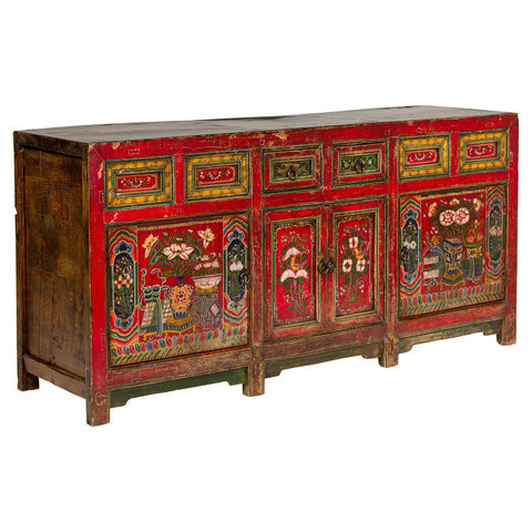 19th Century Mongolian Polychrome Sideboard with Doors, Drawers and Floral Décor-YN7993-1. Asian & Chinese Furniture, Art, Antiques, Vintage Home Décor for sale at FEA Home