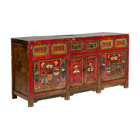 19th Century Mongolian Polychrome Sideboard with Doors, Drawers and Floral Décor-YN7993-20. Asian & Chinese Furniture, Art, Antiques, Vintage Home Décor for sale at FEA Home