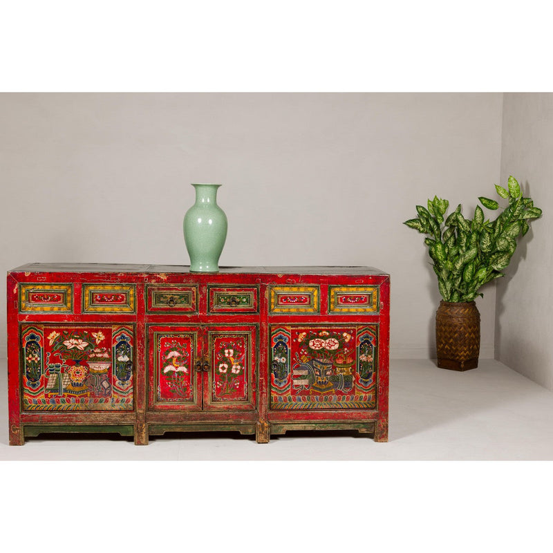 19th Century Mongolian Polychrome Sideboard with Doors, Drawers and Floral Décor-YN7993-2. Asian & Chinese Furniture, Art, Antiques, Vintage Home Décor for sale at FEA Home