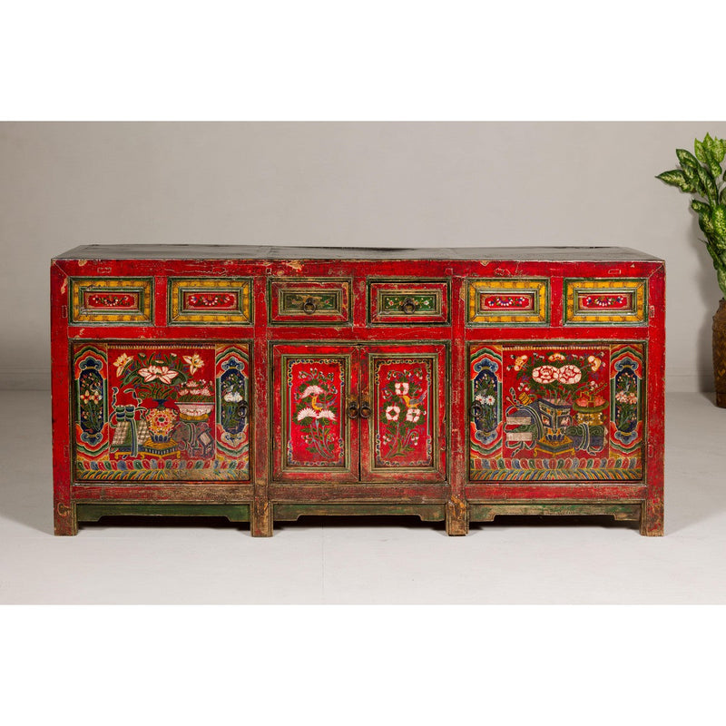 19th Century Mongolian Polychrome Sideboard with Doors, Drawers and Floral Décor-YN7993-3. Asian & Chinese Furniture, Art, Antiques, Vintage Home Décor for sale at FEA Home