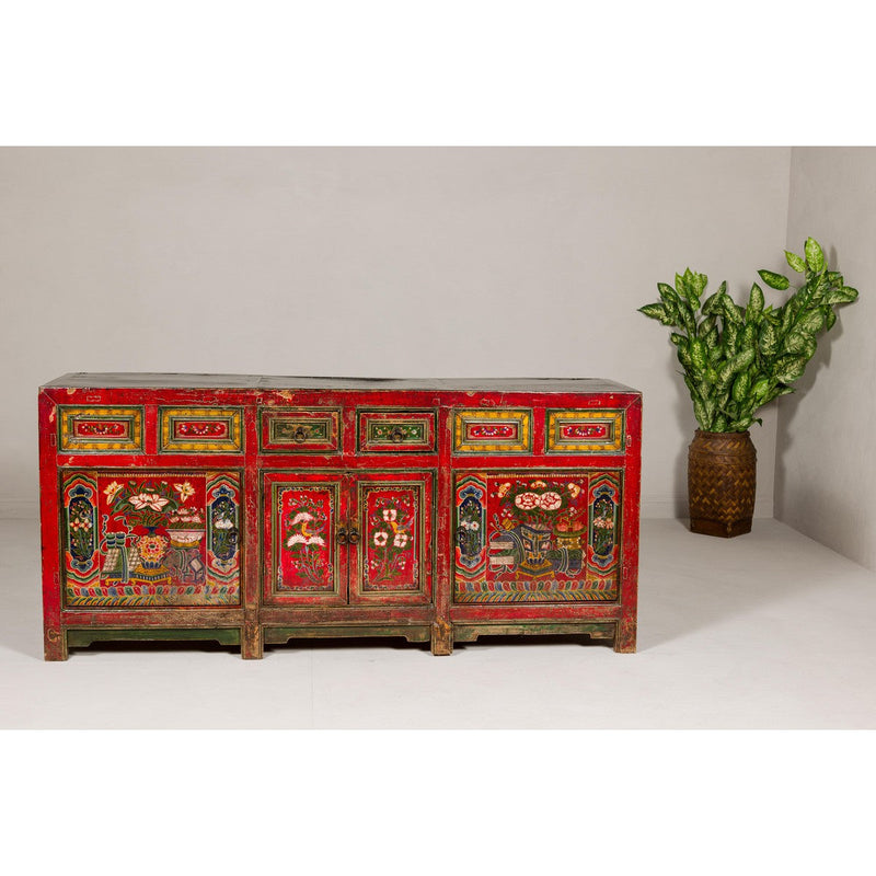 19th Century Mongolian Polychrome Sideboard with Doors, Drawers and Floral Décor-YN7993-4. Asian & Chinese Furniture, Art, Antiques, Vintage Home Décor for sale at FEA Home
