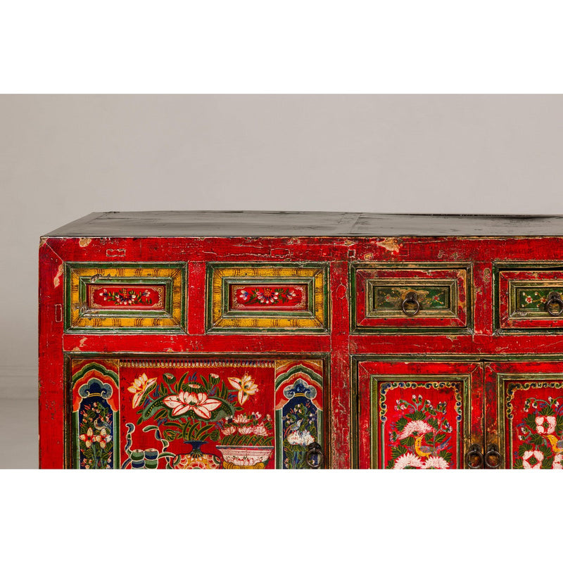 19th Century Mongolian Polychrome Sideboard with Doors, Drawers and Floral Décor-YN7993-5. Asian & Chinese Furniture, Art, Antiques, Vintage Home Décor for sale at FEA Home