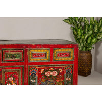 19th Century Mongolian Polychrome Sideboard with Doors, Drawers and Floral Décor