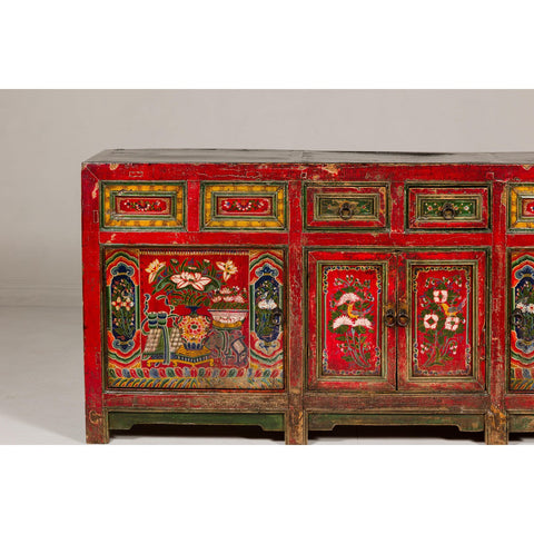 19th Century Mongolian Polychrome Sideboard with Doors, Drawers and Floral Décor-YN7993-7. Asian & Chinese Furniture, Art, Antiques, Vintage Home Décor for sale at FEA Home