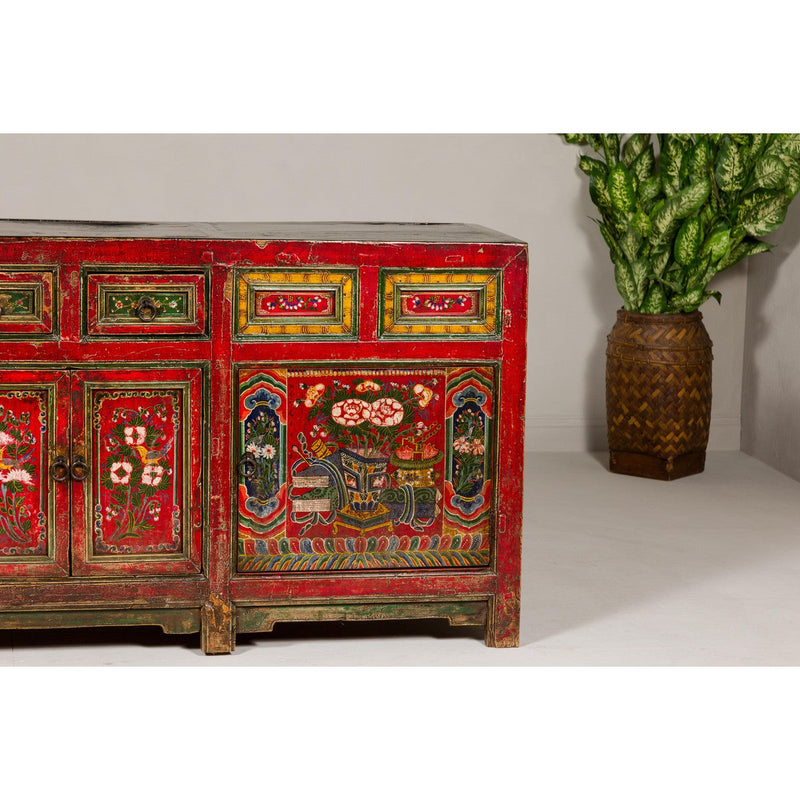 19th Century Mongolian Polychrome Sideboard with Doors, Drawers and Floral Décor-YN7993-8. Asian & Chinese Furniture, Art, Antiques, Vintage Home Décor for sale at FEA Home