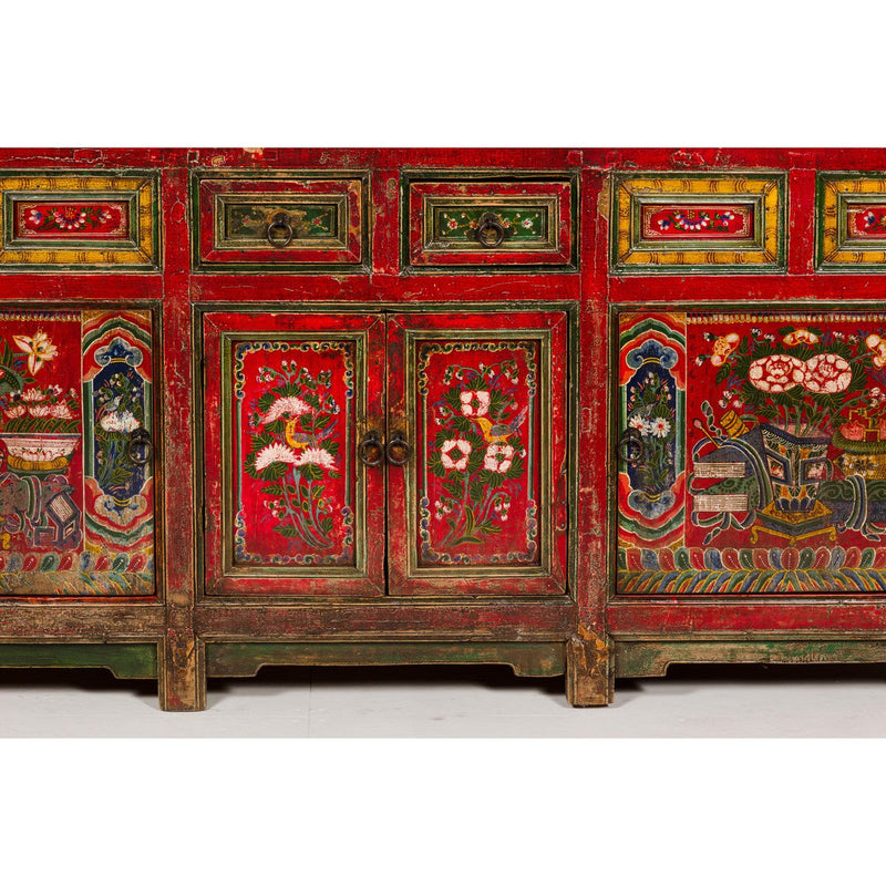 19th Century Mongolian Polychrome Sideboard with Doors, Drawers and Floral Décor-YN7993-9. Asian & Chinese Furniture, Art, Antiques, Vintage Home Décor for sale at FEA Home