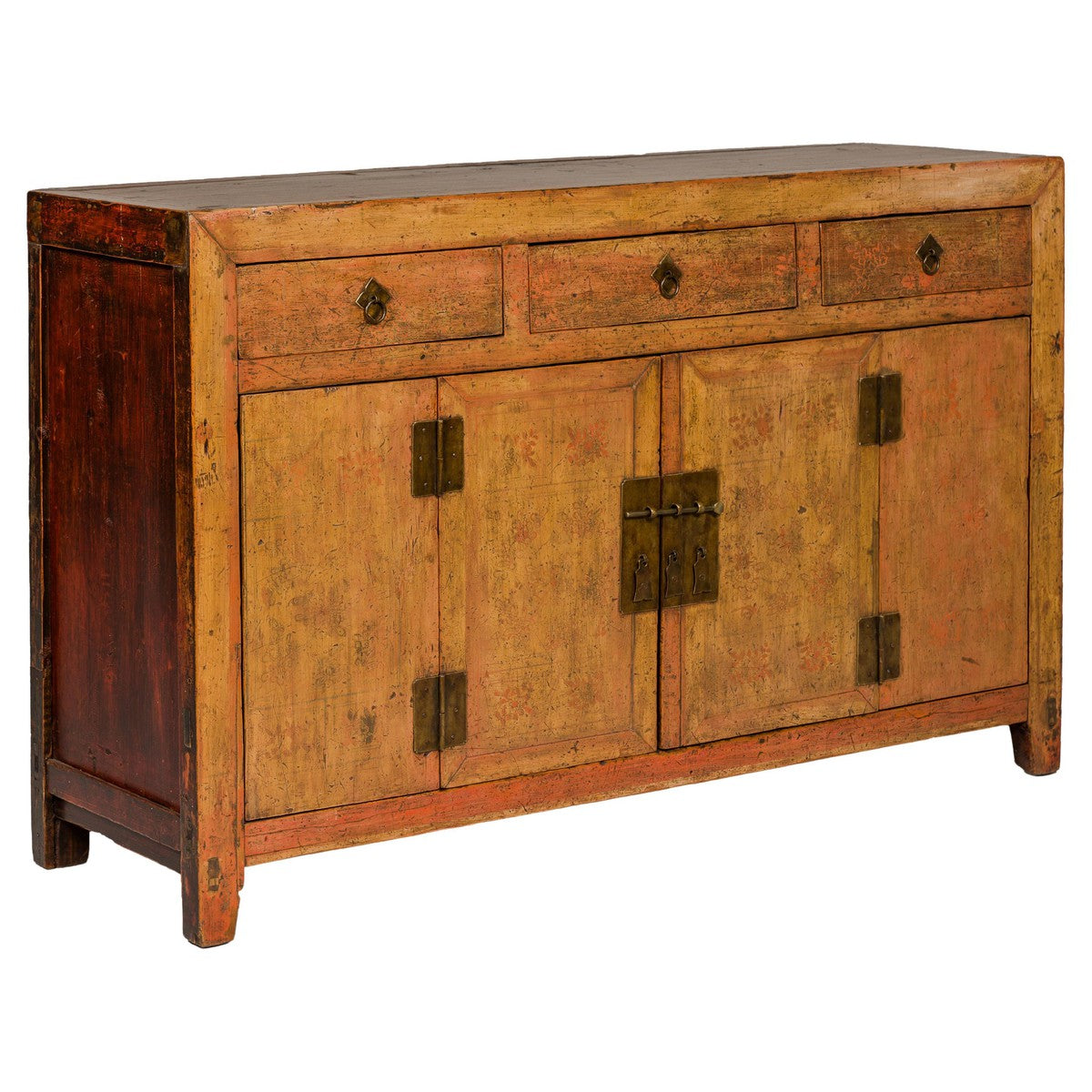 Qing Dynasty Painted Sideboard with Distressed Patina, Three Drawers, Two Doors-1. Asian & Chinese Furniture, Art, Antiques, Vintage Home Décor for sale at FEA Home