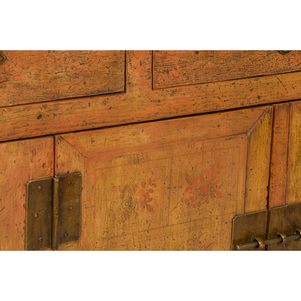 Qing Dynasty Painted Sideboard with Distressed Patina, Three Drawers, Two Doors-14. Asian &amp; Chinese Furniture, Art, Antiques, Vintage Home Décor for sale at FEA Home