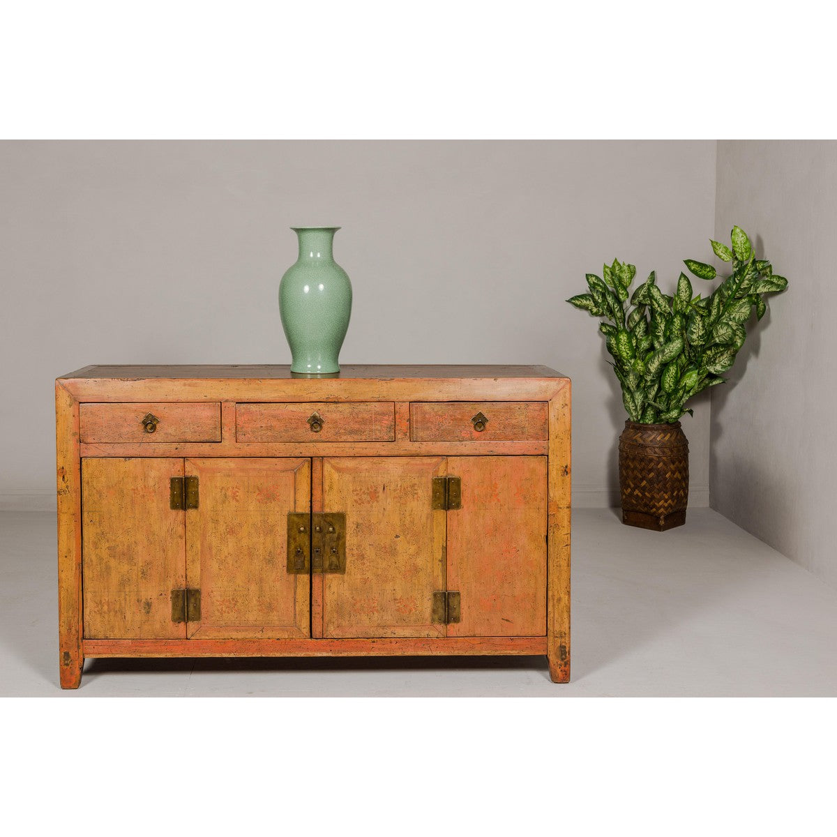 Qing Dynasty Painted Sideboard with Distressed Patina, Three Drawers, Two Doors-2. Asian & Chinese Furniture, Art, Antiques, Vintage Home Décor for sale at FEA Home