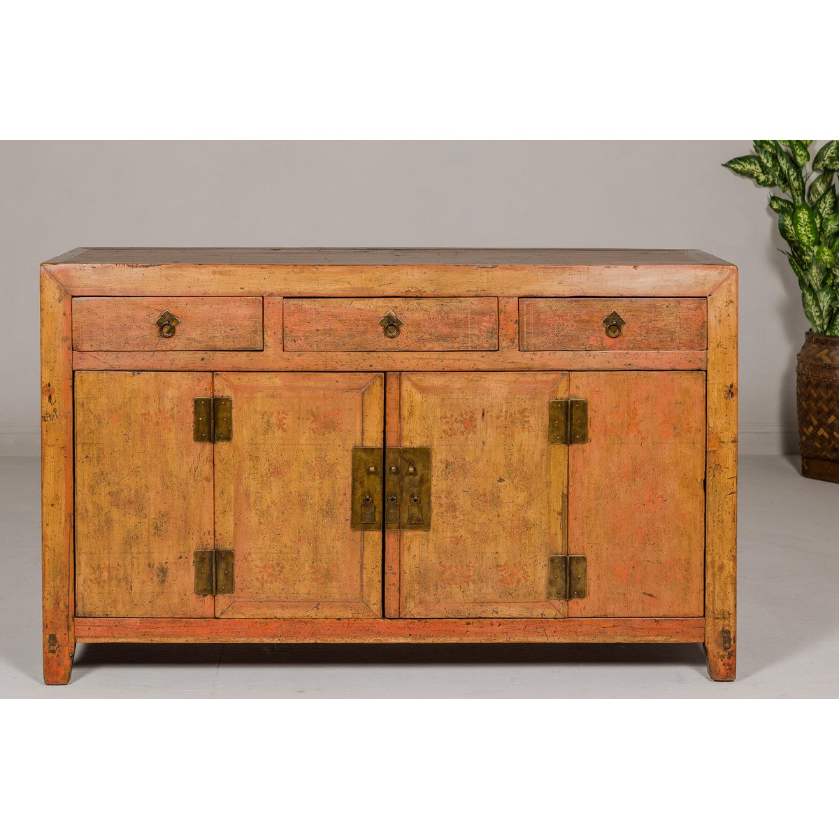 Qing Dynasty Painted Sideboard with Distressed Patina, Three Drawers, Two Doors-3. Asian &amp; Chinese Furniture, Art, Antiques, Vintage Home Décor for sale at FEA Home