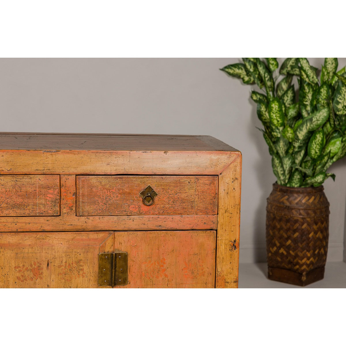 Qing Dynasty Painted Sideboard with Distressed Patina, Three Drawers, Two Doors-6. Asian &amp; Chinese Furniture, Art, Antiques, Vintage Home Décor for sale at FEA Home