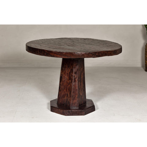 Teak Wood Round Top Center Pedestal Table with Dark Stain, Vintage-YN7997-4. Asian & Chinese Furniture, Art, Antiques, Vintage Home Décor for sale at FEA Home