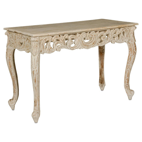 Rococo Style Painted Console Table with Carved Apron and Distressed Finish-YN7998-1. Asian & Chinese Furniture, Art, Antiques, Vintage Home Décor for sale at FEA Home