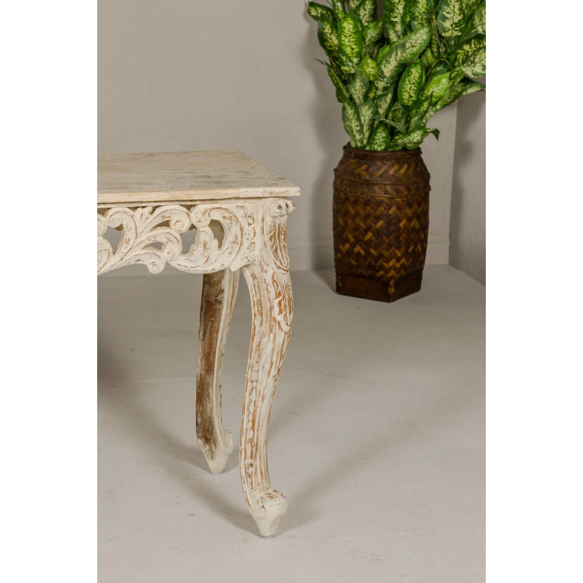 Rococo Style Painted Console Table with Carved Apron and Distressed Finish-9. Asian &amp; Chinese Furniture, Art, Antiques, Vintage Home Décor for sale at FEA Home
