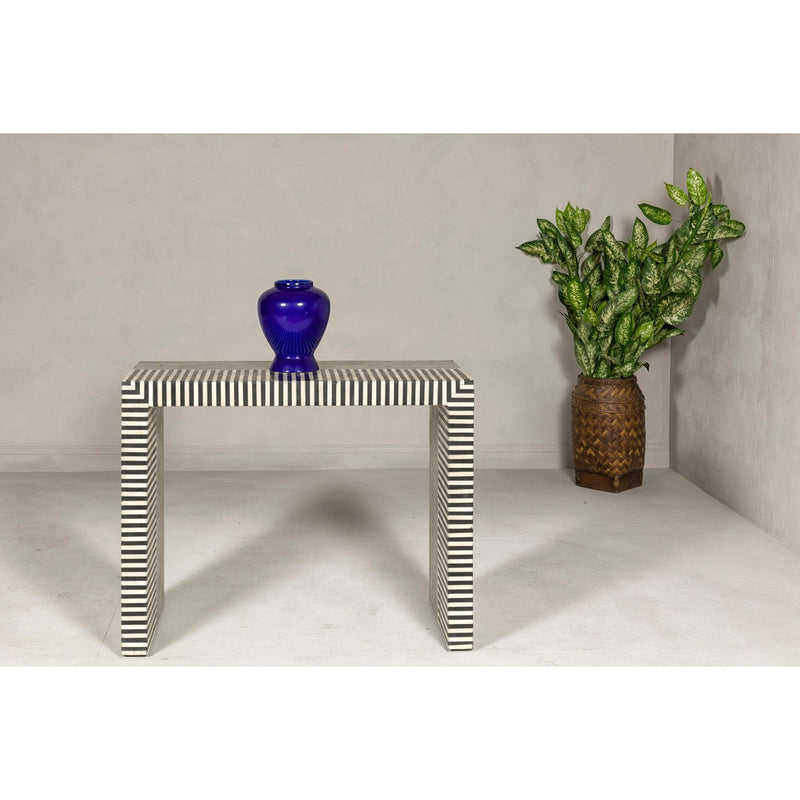 Contemporary Minimalist White and Black Striped Console Table with Bone Inlay-YN7999-11. Asian & Chinese Furniture, Art, Antiques, Vintage Home Décor for sale at FEA Home